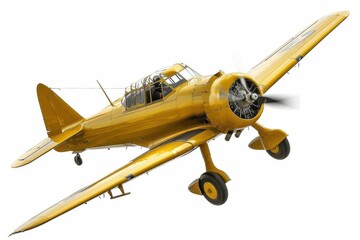 Vintage retro noir small single-engine airplane in flight on white background, WWII planes, yellow golden aircraft