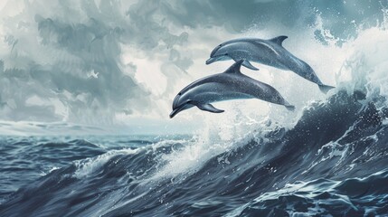 Two dolphins leaping from the ocean waves