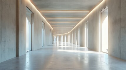 A long empty hallway with concrete floors and ceilings, large windows, natural light. Generative AI.