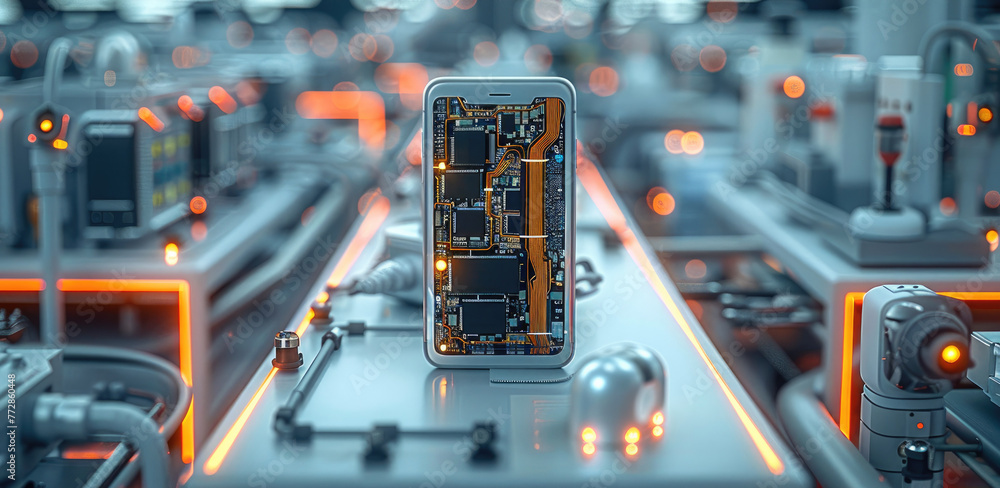 Poster a dynamic scene showing the process of creating a smartphone, from design to manufacturing and marke