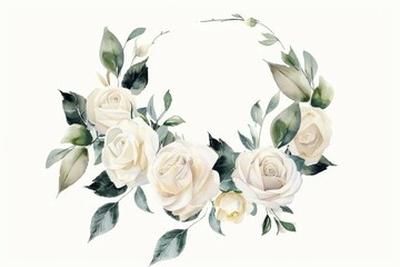 Watercolor illustration of light cream roses and leaves wreath, round floral frame on isolated white background, wedding invitation design