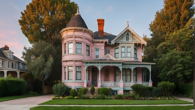 A traditional Victorian home adorned with intricate patterns in a pastel color palette Generative AI