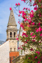 Church Bell tower and flowers, Perast, Montenegro
