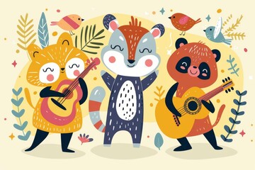 Obraz na płótnie Canvas Whimsical Vector Illustration of Cute Cartoon Animals Playing Music, Flat Design, Bright Colors, Children's Book Style