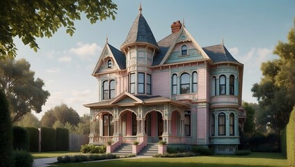 Fototapeta na wymiar A traditional Victorian home adorned with intricate patterns in a pastel color palette Generative AI