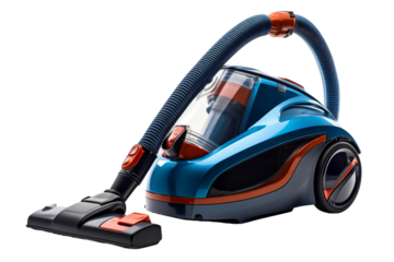 Blue and Orange Vacuum Cleaner With Red Handle. On a White or Clear Surface PNG Transparent Background..