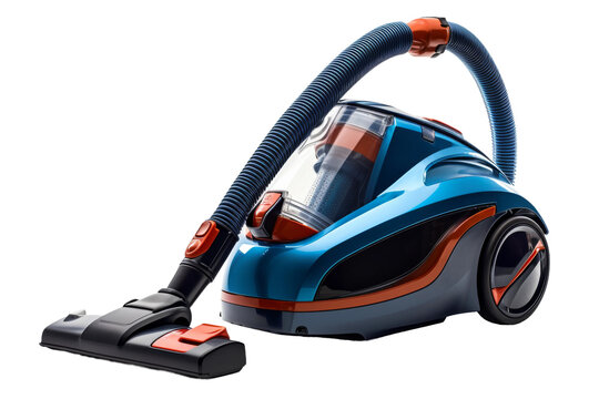 Blue and Orange Vacuum Cleaner With Red Handle. On a White or Clear Surface PNG Transparent Background..
