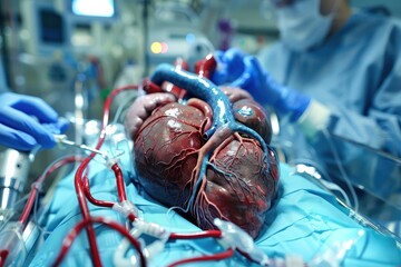 Human heart in the operating room. Heart surgery. Cardiology.