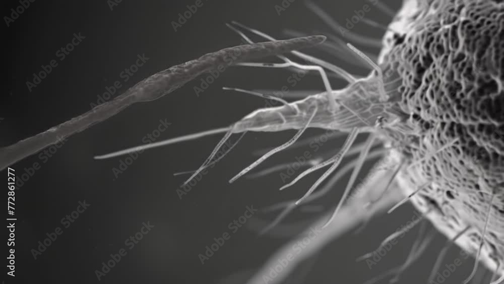 Poster closeup of a cell from a mouse depicted in black and white. the head of the contains a large nucleus