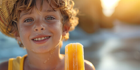 A boy with ice popsicle. Generative AI.