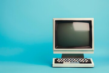 Retro computer on a vibrant blue background, minimalist still life - obrazy, fototapety, plakaty