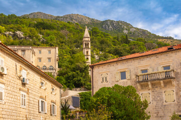 Fototapeta na wymiar Bell tower of the Church in Perast. Montenegro