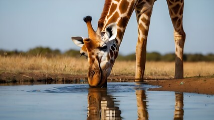 Southern giraffe drinking water - obrazy, fototapety, plakaty