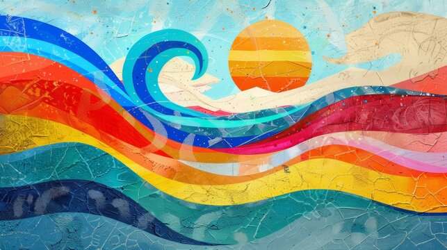 Abstract colorful wave illustration with sun
