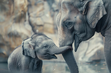 A mother elephant and her calf, the baby's trunk resting on its mum's forehead as they gaze at each other with love in their eyes - obrazy, fototapety, plakaty