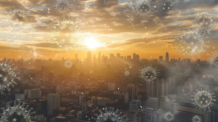 Artistic representation of a virus outbreak with graphical virus particles superimposed on a city skyline at sunrise.