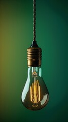 Illuminated edison light bulb on green background