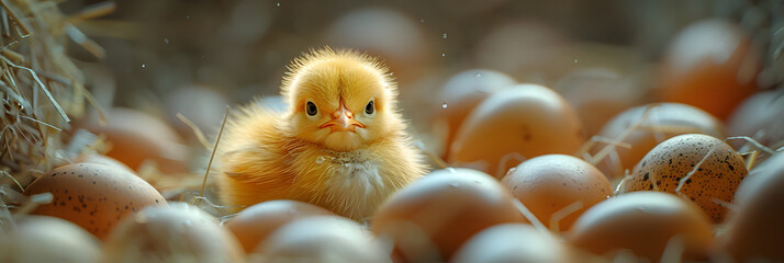 Chick is standing in incubator surrounded by egg,
A newborn chick emerges from the egg shell and hatches in the chicken hatchery - obrazy, fototapety, plakaty