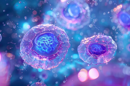 3d illustration of white blood cells and blue light background, medical concept