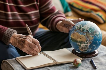 elderly person studying a globe with a notebook and pen beside them