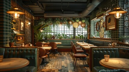 A nice and cozy restaurant with nice materials, premium feeling, lounge, golden metal grid. Generative AI.