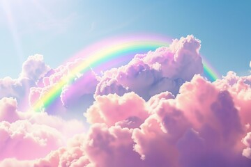 3d render style rainbow in pink sky with fluffy clouds
