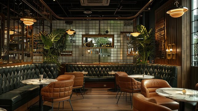 A nice and cozy restaurant with nice materials, premium feeling, lounge, golden metal grid. Generative AI.