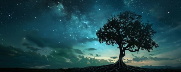 Starry night sky with a solitary tree - obrazy, fototapety, plakaty