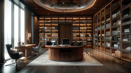 A vast office for a finance magnate, with the desk set against a full wall of bookshelves. Generative AI. - obrazy, fototapety, plakaty