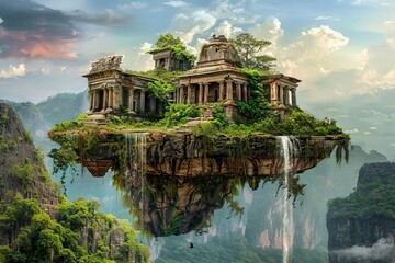 Fototapeta na wymiar Surreal Digital Collage of a Floating Island with Ancient Ruins, Waterfalls, Lush Vegetation, Fantasy Landscape, Photomanipulation