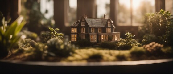 Generative AI. Miniature duplex villa house with plants in the potted area, hyper realism, dramatic ambient lighting. Property sample villas. Duplex. Luxurious Mansions. Bungalow. Gardens. Dream home