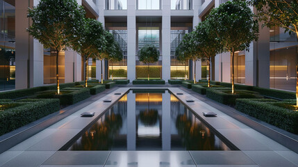 A minimalist interior courtyard featuring a symmetrical design with a central reflecting pool, surrounded by neatly trimmed hedges and ambient  - obrazy, fototapety, plakaty