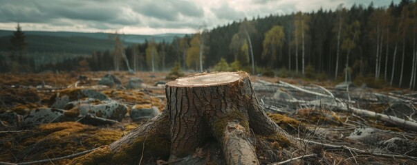 Stump in a deforested area with cloudy sky - obrazy, fototapety, plakaty
