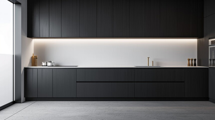 A minimalist kitchen boasting a striking contrast of dark cabinets against a pure white backsplash, with clean lines  - obrazy, fototapety, plakaty