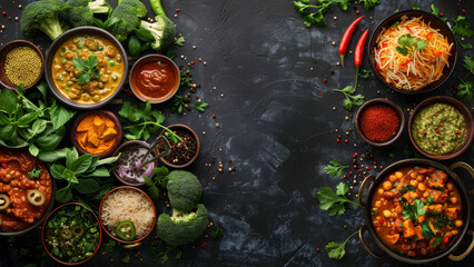Vibrant Traditional Indian Dishes on Dark Textured Background