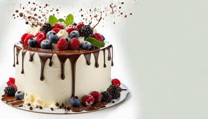 cake decorated with mix berries and chocolate splash