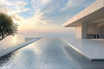 A minimalista??s dream patio, featuring a sleek swimming pool with water that seems to merge with the sky, set against the backdrop of a modern house 