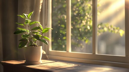 Houseplant by a sunny window with floating dust particles