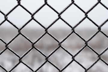 Close up view of frozen lattice fence