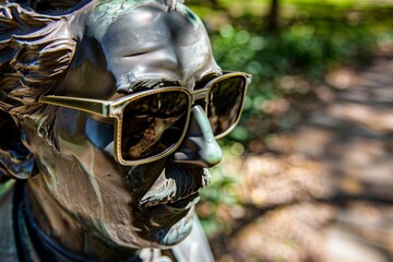famous composer statue with classic squareframed sunglasses - obrazy, fototapety, plakaty