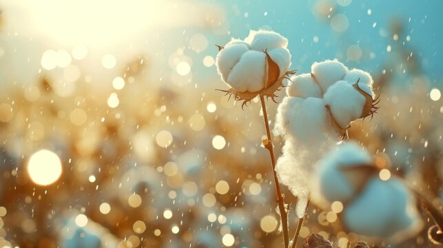 Fototapeta Glistening cotton bolls in sunlit rain against a bright, bokeh-filled background