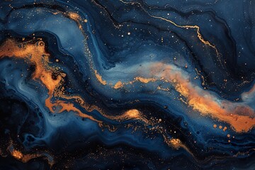 Abstract paint background by deep blue and gold color with liquid fluid texture in luxury concept - obrazy, fototapety, plakaty
