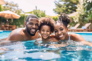 African family swimming together in the swimming pool