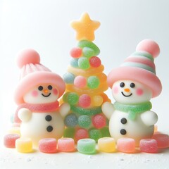 a cute couple snowman with christmas tree made of pastel color rainbow gummy candy on a white background