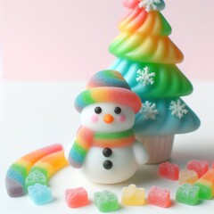 a cute couple snowman with christmas tree made of pastel color rainbow gummy candy on a white background