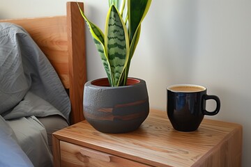 coffee next to a potted plant on a wooden nightstand