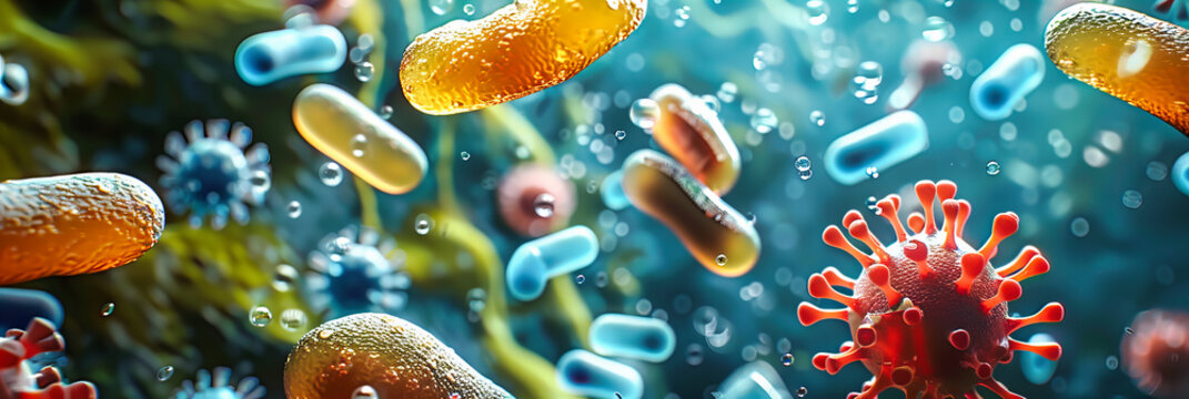 Close-up view of various bacteria, showcasing the intricate shapes and vibrant colors of these microscopic organisms, highlighting the beauty and complexity of the microbial world