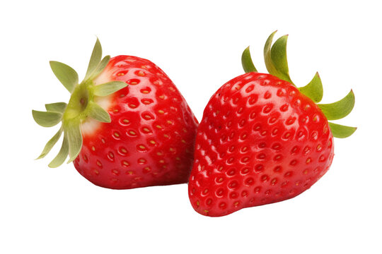 Two Juicy Strawberries Placed Side by Side. On a White or Clear Surface PNG Transparent Background..