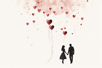 Man and woman holding hands, ink silhouette illustration. Shade of male and female gender on background of watercolor hearts. Abstract heterosexual couple in romantic relationship