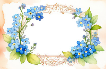 Watercolor frame made of blue forget-me-nots with free space for text, card,border